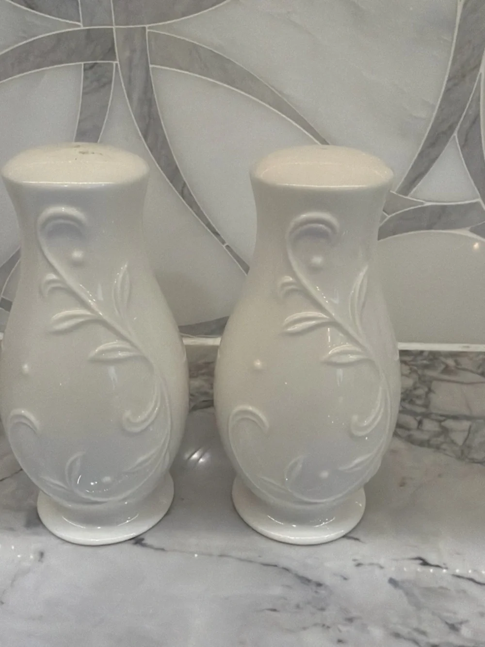 Lenox White Ceramic Decorative Vase Pair with Raised Scroll Detail